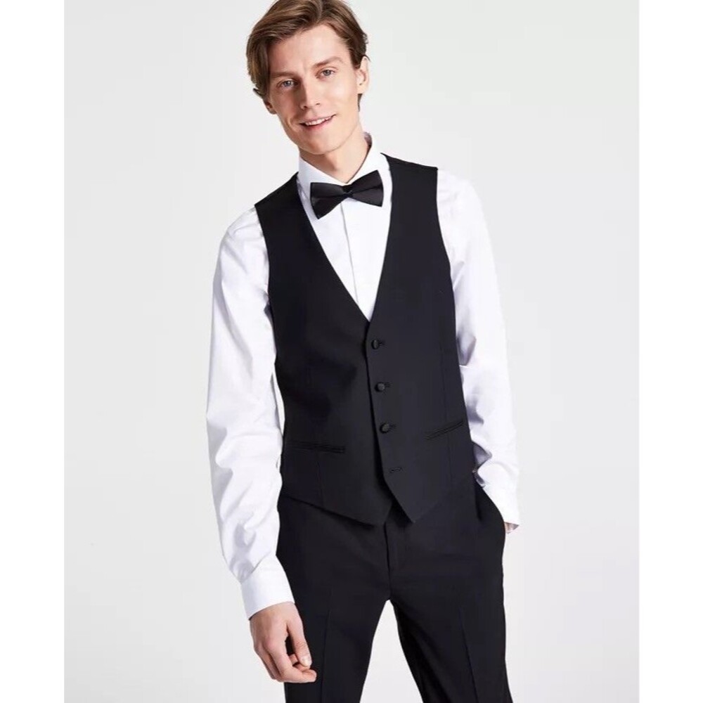 $125 BRAND NEW BAR III Mens Large Solid Black Slim Fit TUXEDO Suit Jacket Vest
